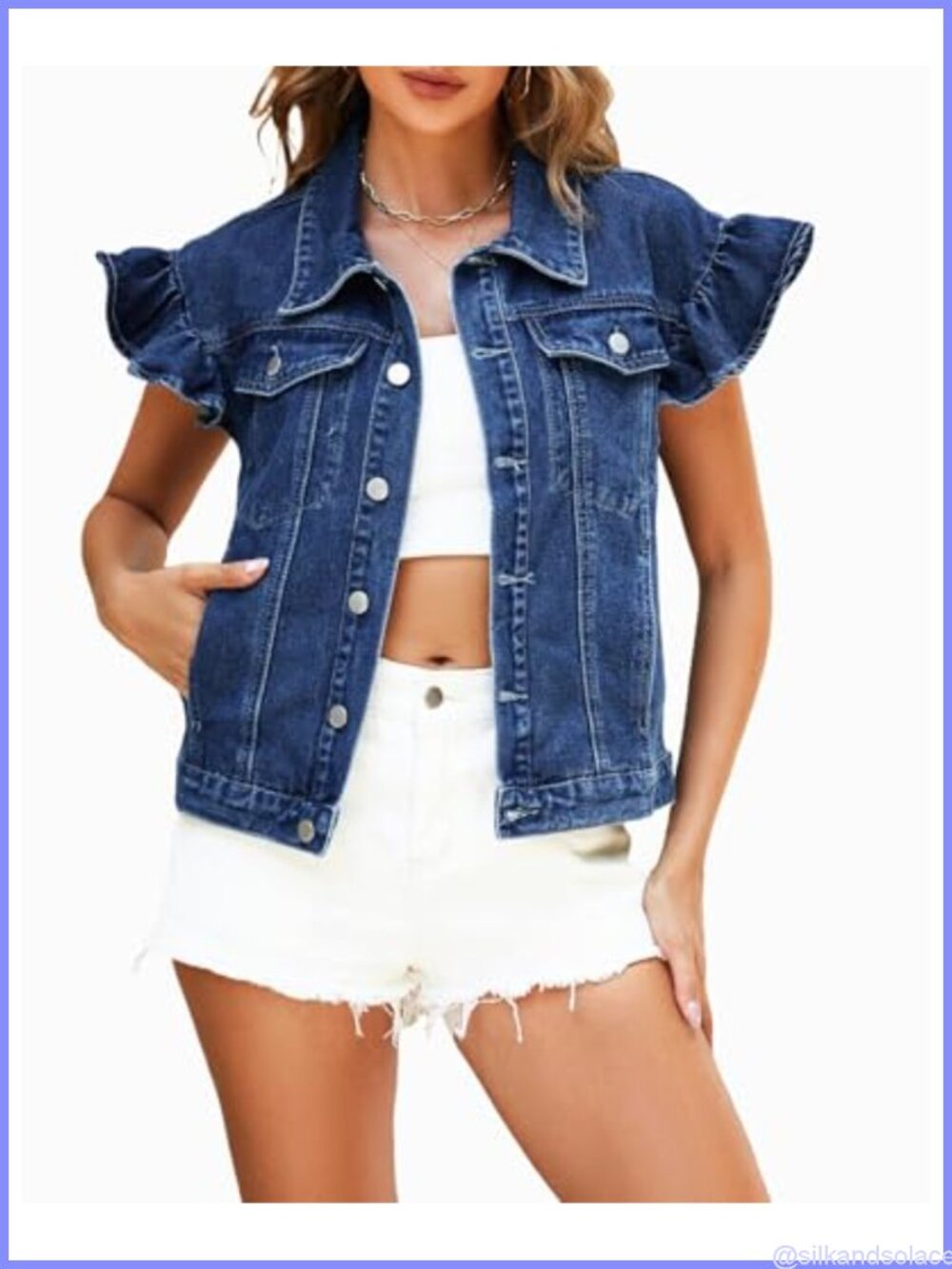 Ruffle Denim Vest Womens Short Sleeve Jean Jacket Button Front Casual